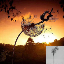 (P9) Garden Deco Fairies And Dandelions Dance Together Metal Lawn Landscape Sculpture