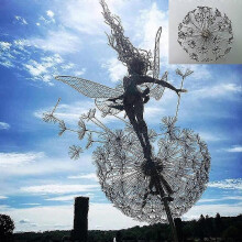 (P4) Garden Deco Fairies And Dandelions Dance Together Metal Lawn Landscape Sculpture