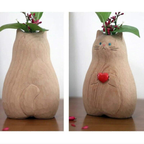 Handmade Solid Wood Cat Vase - Unique Cat Statue Planter Gift for Cat Lovers - Available in Australia 1