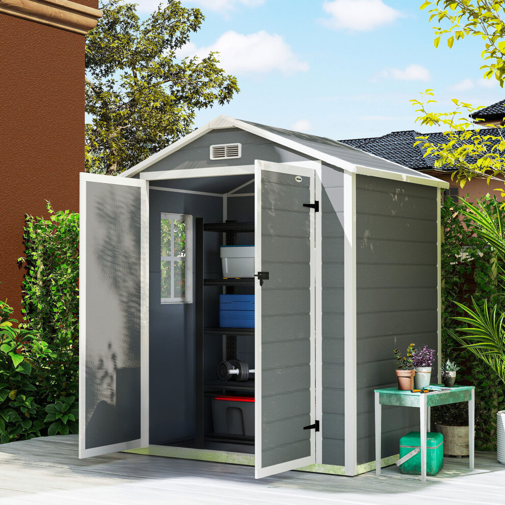 Outsunny Garden Shed 6'x4.5' Plastic Tool Storage House w/ Lockable Double Doors
