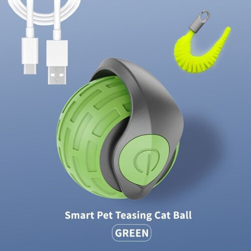 Interactive cat toy with replaceable tail, USB rechargeable striped plastic ball, random movement - Green