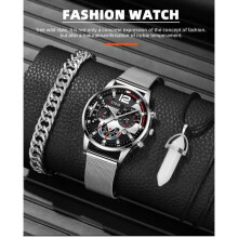 Luxury Men's Watch - Brand - Sport Date Silver Metal - Necklace and Bracelet