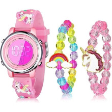 3 Pcs Unicorn Watch and Unicorn Bracelets Kids Digital Waterproof Luminous with Stopwatch for Girls Ages 3-10