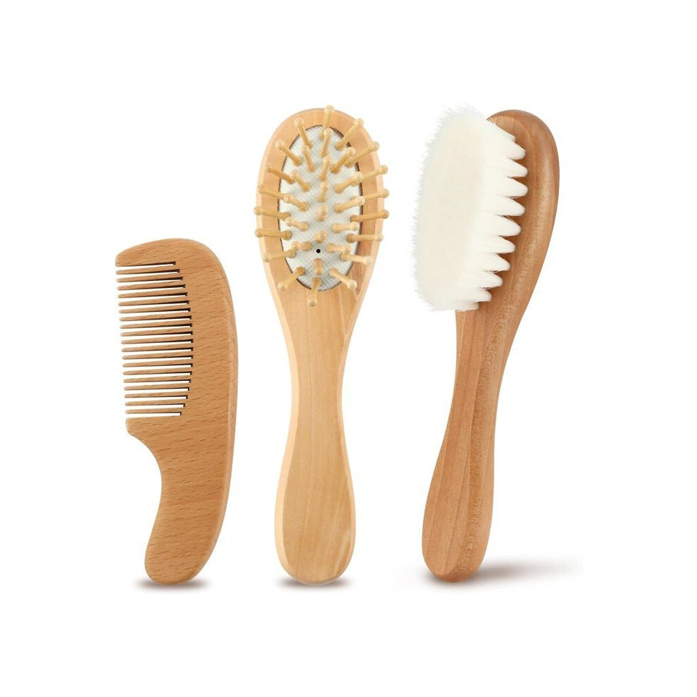 Aihontai Baby Hair Brush Soft Goat Hair Premium Baby Brush Set Natural Goat Hair Wooden Comb(3Pcs)