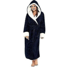 (L, Navy blue) Women's Long Sleeve Hooded Bathrobe Tw
