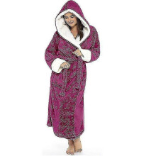(M, Rose red) Women's Long Sleeve Hooded Bathrobe Tw