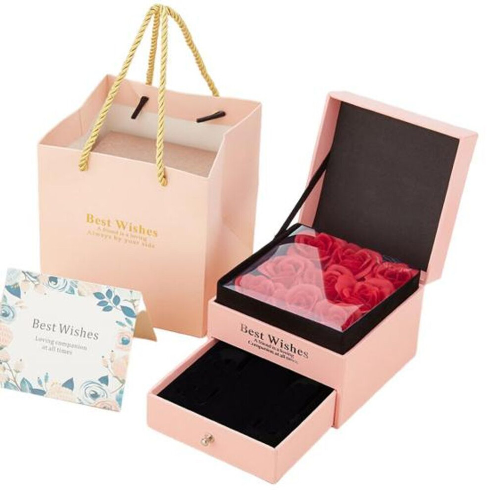 (pink) Artificial Rose Gift Box Double Layers Drawer Box With 9 Faux Flower