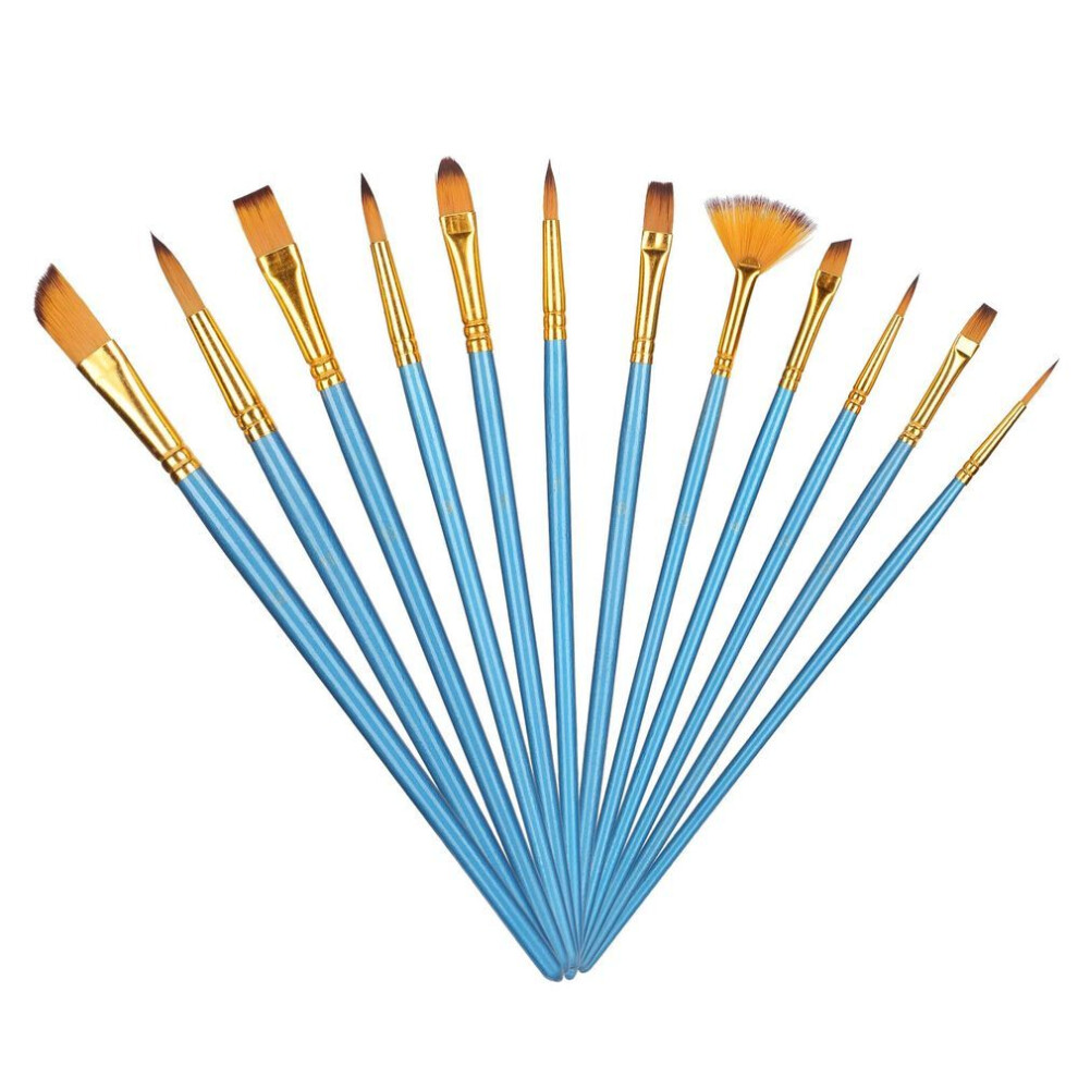 (blue) 12pcs Paint Brush Set Nylon Hair Brushes For Oilacrylicwatercolorgouache Paintingblue
