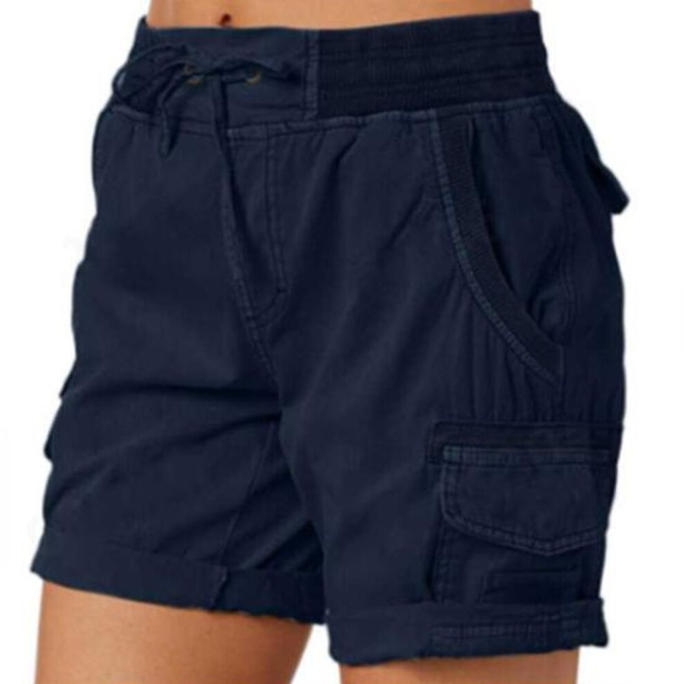(navy blue, XXL) Women Shorts High Waist Adjustable Drawstring Cargo Shorts With Pockets Solid Color
