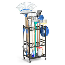 (Without Wheels -3 Hooks Included)Steel Garden Tool Organizer for Garage Organization and Storage Up to 35 Long-Handled Tools/Rakes/Brooms
