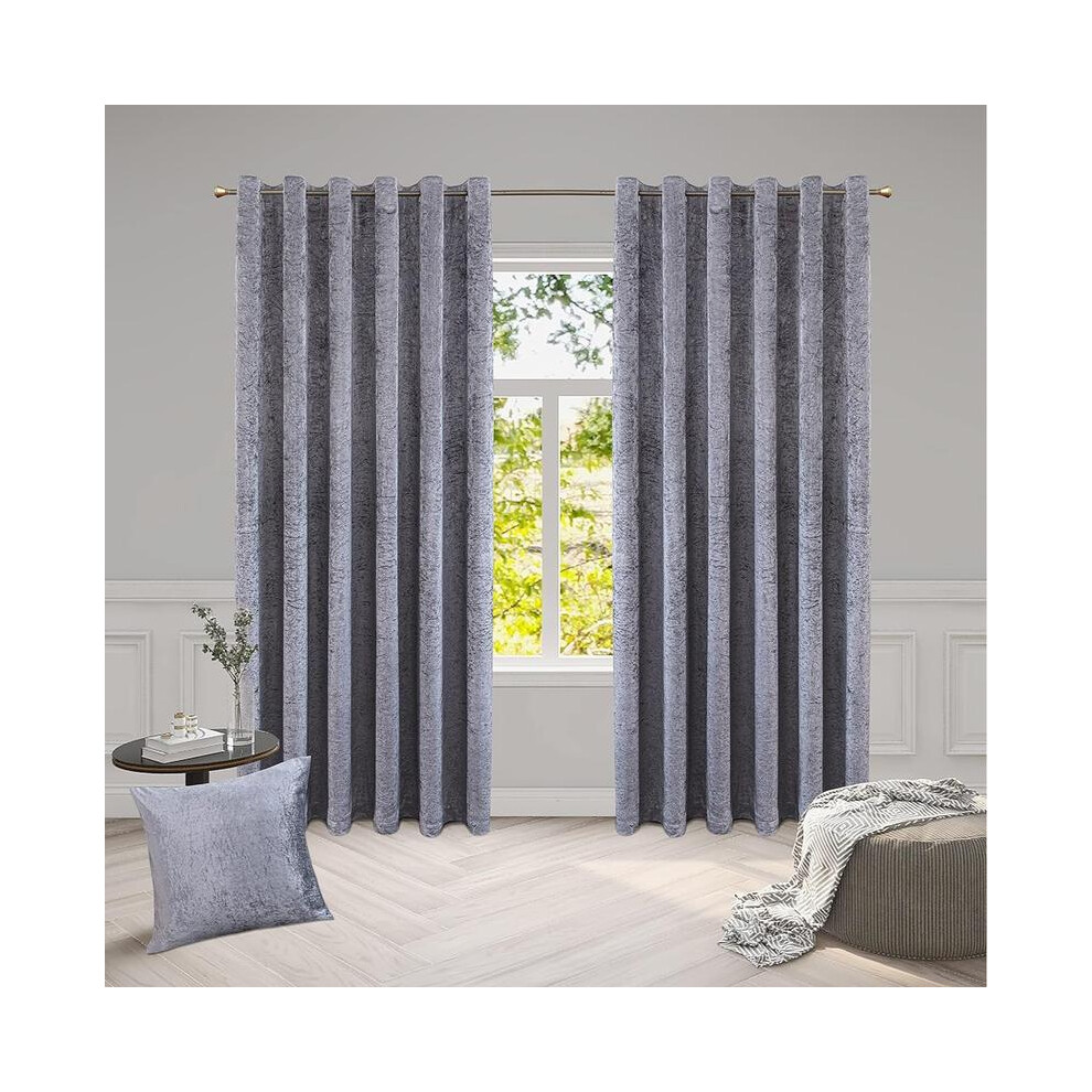 (SILVER, 90X108) Stunning Crushed Velvet Curtains â Fully Lined Eyelet Drapes to Elevate Any Living Space (Pair)-image-OPC-PJ7FXSF-NEW