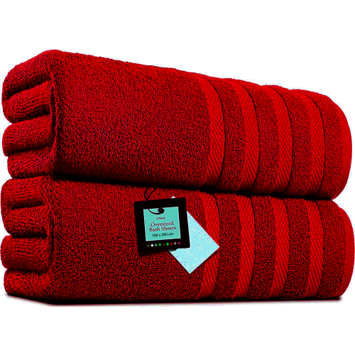 2 X Big Super Jumbo Bath Sheets -100 x 200 cm- Egyptian Cotton Soft XXL Bath Towels (Red)