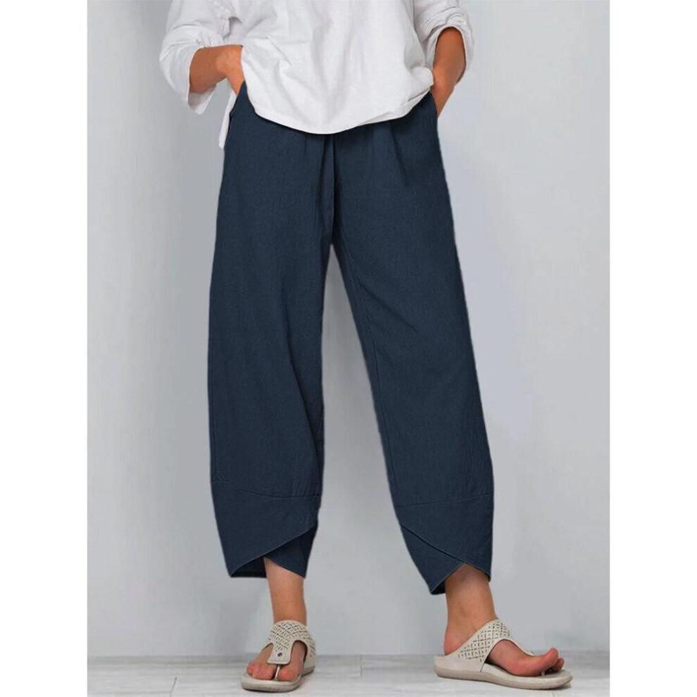 (navy blue, S) Women's Loose Waist Cotton And Linen Trousers, Loose Casual Pants