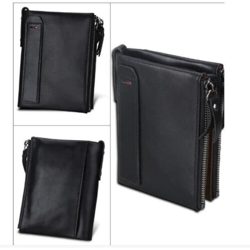 Men's Double Zipper Bifold Leather Wallet (Black)