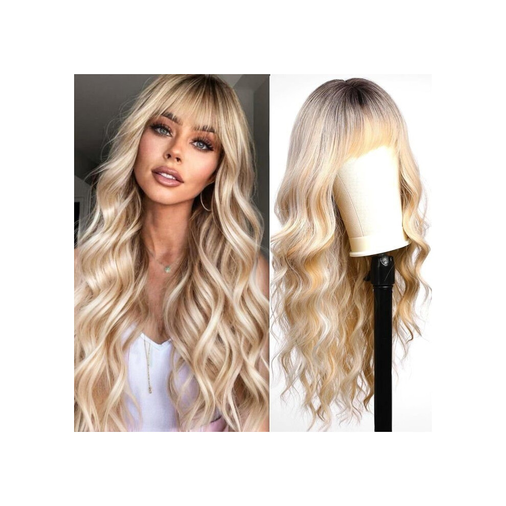 Aihontai Unisex Dark Ombre Blonde Wig For Women With Bangs,Natural Long Curly Synthetic Hair Wig With Root For Party