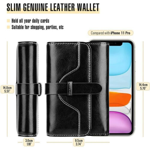Women's Genuine Leather Wallet Large Capacity Card Holder Checkbook Holder RFID Blocking Black 1