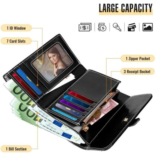 Women's Genuine Leather Wallet Large Capacity Card Holder Checkbook Holder RFID Blocking Black 2