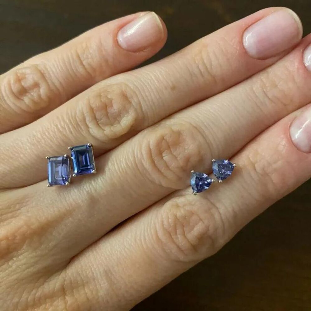 2 Pair Tanzanite Stud Earrings Rectangle Triangle 925 Sterling Silver Earring Jewelry Sets