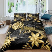 Bedding set - Tropical - Black and Gold - Duvet cover 240x260 cm - 2 pillowcases 65x65 cm - Microfiber