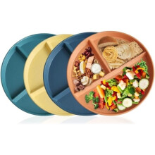 Set of 4 Divided Plates, Reusable Plastic Plate with 3 Compartments, Circular Deep Picnic Plates