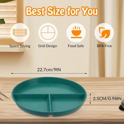 4PCS Plastic 3-Divided Plates, 23CM Unbreakable Portion Control Plates, 3 Compartment Plate 1