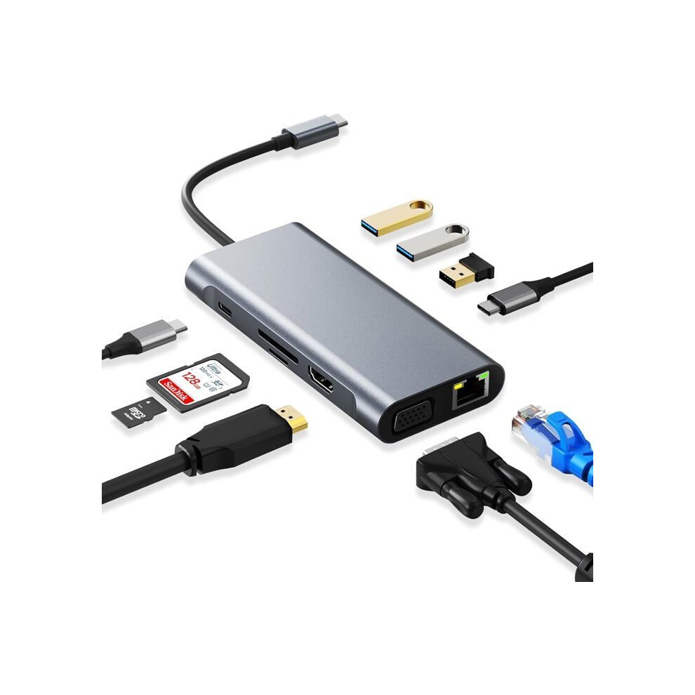 Usb C Hub, Docking Station, 10 In 1 Usb C Adapter With 4K Hdmi, Vga, 100W Pd, Usb 3.0, Usb-C, Rj45 Ethernet, Sd/Tf Card Reader 9314269503907