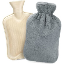 2L Hot Water Bottle with Soft Plush Cover, Natural Rubber Leak-Proof Hot Water Bottle Grey