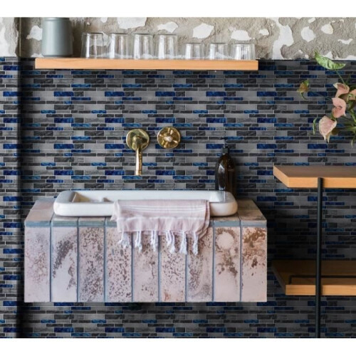 Pack of 10 blue adhesive tile sheets with marble pattern, mosaic effect vinyl kitchen splashback, 30 x 30cm 1