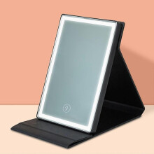 PU Leather Folding Makeup Mirror,LED Lights Vanity Mirror with Touch Screen,Tabletop Makeup Mirror,Travel Cosmetic Mirror,Portable Illuminated Mirror