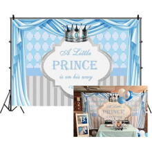 8x5ft A Little Prince On His Way Backdrop Prince Theme Boys Birthday Party Boys Baby Shower Background Cartoon Blue Curtain Stripes Crown Party Cake T