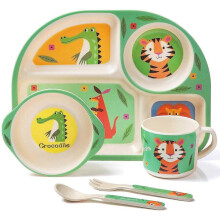 Bamboo children's tableware set, 5-piece children's tableware set tiger, plate, bowl, spoon, fork, cup, age