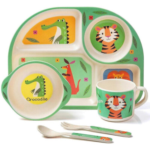Bamboo children's tableware set, 5-piece children's tableware set tiger, plate, bowl, spoon, fork, cup, age