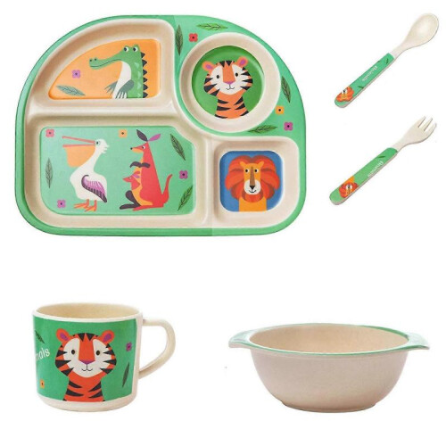 Bamboo children's tableware set, 5-piece children's tableware set tiger, plate, bowl, spoon, fork, cup, age 2