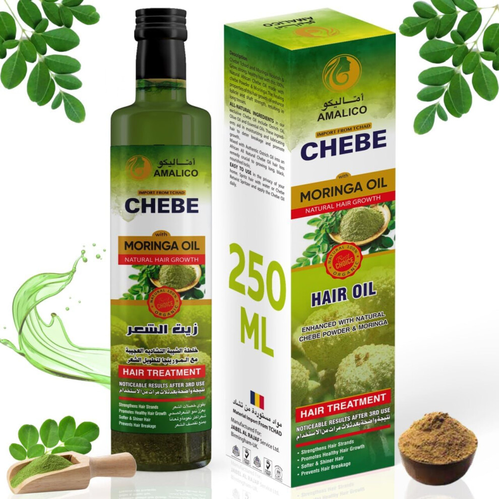 AMALICO 2-in-1 Moringa Oil with Chebe Powder for Hair Growth 250ml | Hair Treatment for Thicker, Longer & Stronger Hair, Nourishing | Anti-Hair Loss