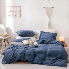 Navy Blue 100% Washed Cotton Duvet Cover Queen, 3 Pieces Ultra Soft Modern Shabby Chic D|cor Farmhouse Premium Bedding Ruffle Tasseled Fringed Solid C