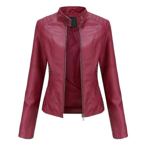 (L, Red) Womens Casual Zipper Down Stand Collar Leather Jacket 1