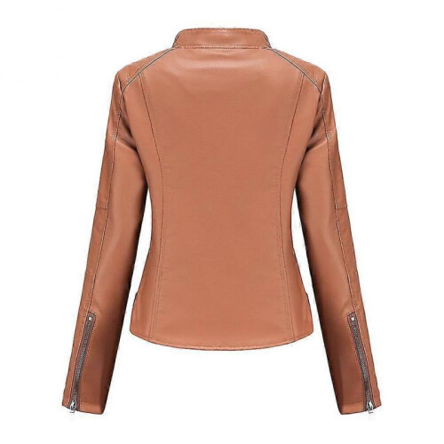 (S, Brown) Womens Casual Zipper Down Stand Collar Leather Jacket 2