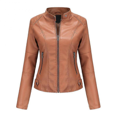 (M, Brown) Womens Casual Zipper Down Stand Collar Leather Jacket 1