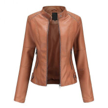 (M, Brown) Womens Casual Zipper Down Stand Collar Leather Jacket