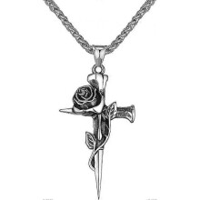 Vintage Cross Pendant Necklace for Men Women Rose Flower Stainless Steel Gothic Punk Jewelry,Personalized Rapper Bike Necklaces with 24 Inch Chain, FN