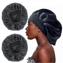 2PCS Large Satin Bonnet,Silk Bonnet Hair Wrap for Sleeping, Sleep Cap with Elastic Soft Band (black)