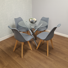 Round Clear Glass Dining Table with Chrome Metal Legs and 4 Grey Leather Plastic Chairs, Modern Dining Set
