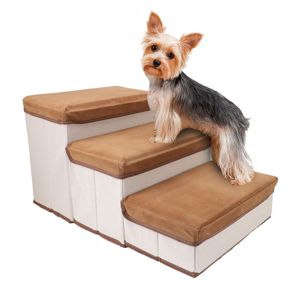 3 Tiers Hunde Treppen Mit Aufbewahrungsbox Faltbare Hohe ElastizitäT Foam Padding Klettern Schritt Treppe FüR Couch Betten Braun-image