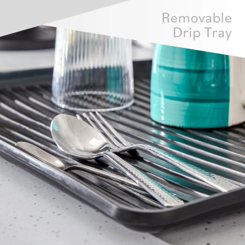 Grey or Black Kitchen Dish Drainer Rack with Plastic Drip Tray Cutlery 1