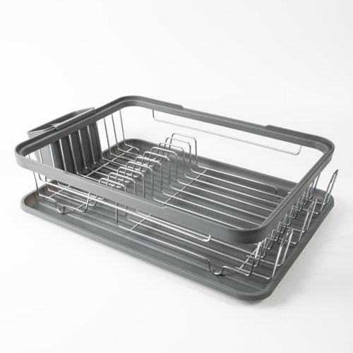 Grey or Black Kitchen Dish Drainer Rack with Plastic Drip Tray Cutlery
