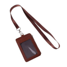 (Brown) Leather ID Badge Cards Holder Lanyard