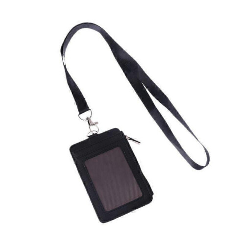 (Black) Leather ID Badge Cards Holder Lanyard