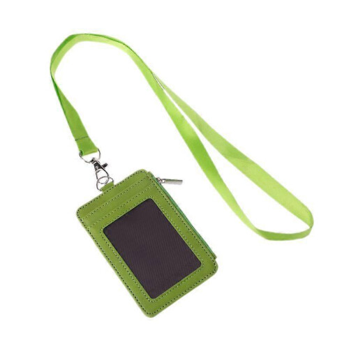 (Green) Leather ID Badge Cards Holder Lanyard