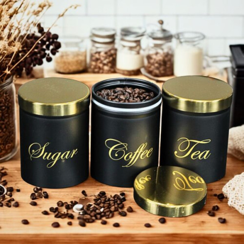 RLS Black Set of 3 Tea, Coffee, Sugar canisters Storage Container Set 2