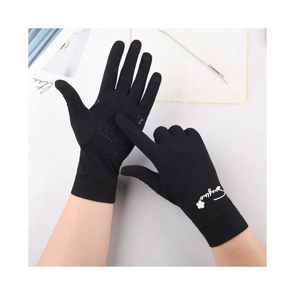 (Sunscreen Flower Black) Summer sun protection gloves for women thin outdoor sports cycling mountaineering touch screen elastic breathable anti-ultraviolet gloves